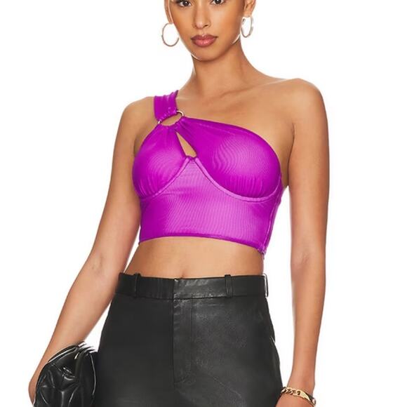 Superdown Purple Mesh Bustier Top XS Cutout Crop One Shoulder Club Revolve NEW - Picture 1 of 11